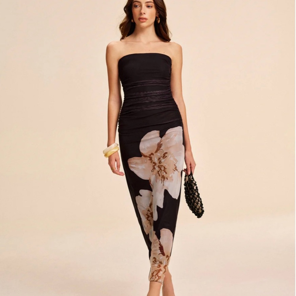 Semi-Sheer Strapless Ruched Floral Mesh Dress